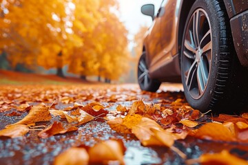 A solitary car, its tires buried in a blanket of autumn leaves, sits parked on the side of a winding road, embodying the beauty and melancholy of the passing season