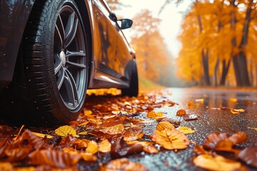 A vibrant orange car sits parked on a wet autumn road, its tires coated in fallen leaves, blending seamlessly into the surrounding outdoor landscape
