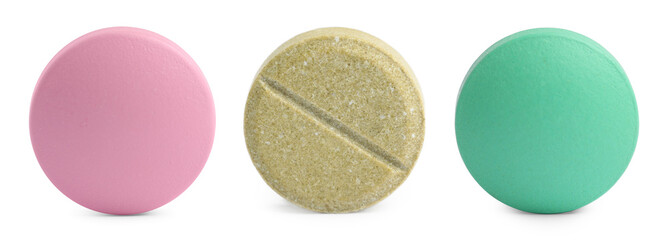 Vitamin. Many different pills isolated on white, set