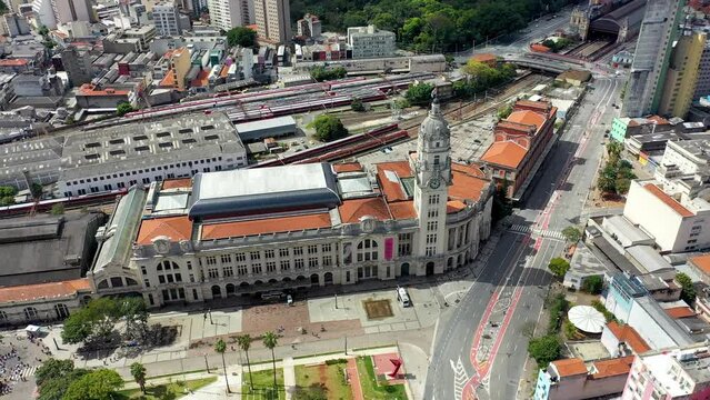 Julio Prestes Train Station At Sao Paulo Brazil. Vehicle Aerial. Business Sky Background Downtown Cityscape. Business Outside Downtown Backgrounds Panoramic City.