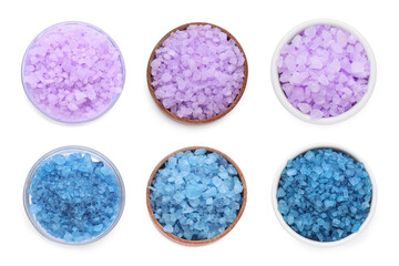 Sea salt in bowls isolated on white, top view