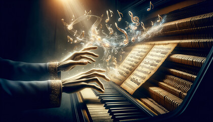 Melodic Symphony: Hands composing music with floating notes and ethereal manuscript. - obrazy, fototapety, plakaty