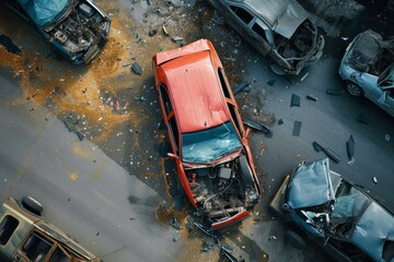 Abandoned on the cracked pavement, a once vibrant group of red cars now lay lifeless and broken, a stark reminder of the dangers of the open road - obrazy, fototapety, plakaty