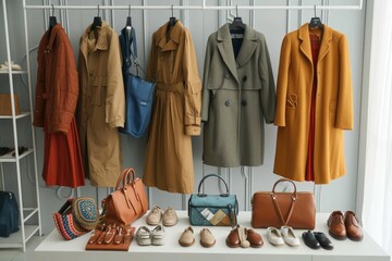 A stylish boutique closet with a wall rack and standing clothes hanger showcases a stunning collection of coats and shoes, embodying fashion design and wardrobe essentials for the indoor fashionista - obrazy, fototapety, plakaty