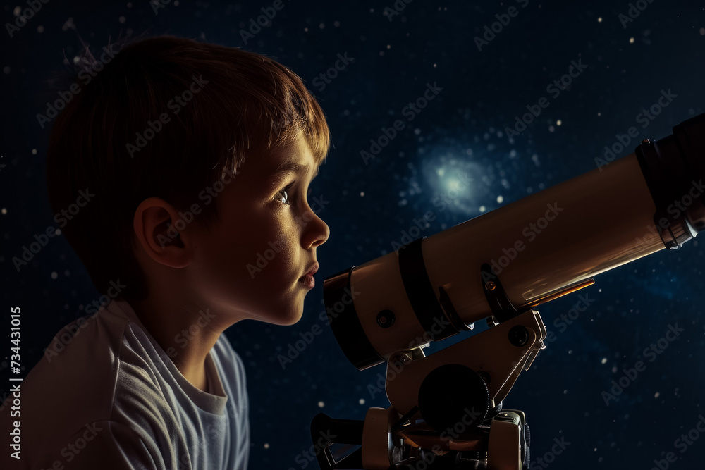 Poster boy in the dark of the night with a telescope. noise as an artistic technique. background with selec