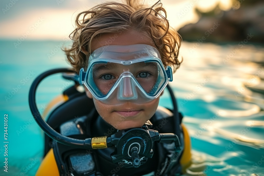 Poster child at diving lessons. background with selective focus and copy space
