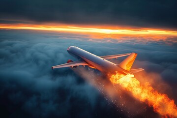 A fiery plane struggles against the clouds, its wings ablaze in the golden sunset as it fights for...