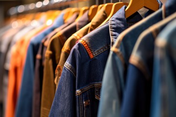 Obraz premium Denim jackets hanging on the rack in a clothing store