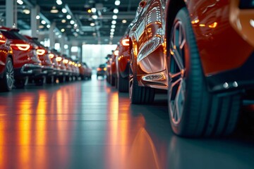 A vibrant display of modern automotive design, with rows of sleek cars lined up on the factory floor, their shiny wheels and orange accents catching the eye at the auto show - obrazy, fototapety, plakaty