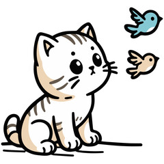 Obraz premium Cute domestic cat Fascinated by Flying Birds Drawing.