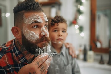 A father teaches his young son the art of shaving, their reflection captured in a portrait against the wall, the man's face covered in white cream as the boy holds a razor with determination