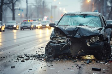 A winter storm left a car stranded on the snowy road, its front end damaged and tires buried in the ground, highlighting the harsh reality of automotive design and the unforgiving nature of the city 