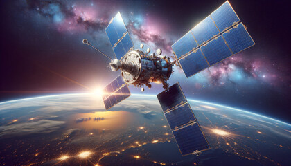 Dazzling solar power satellite in orbit around Earth, showcasing cutting-edge technology