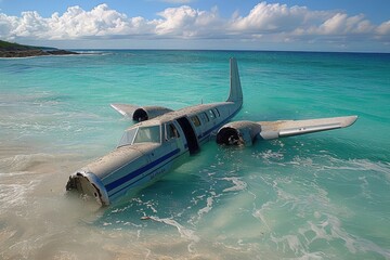 A majestic airplane gracefully floats on the crystal blue waters, surrounded by a serene beach landscape, as fluffy clouds drift in the clear sky above and boats dot the aqua horizon