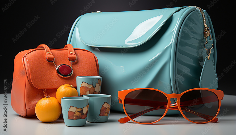 Poster fashionable sunglasses and leather purse for summer vacations generated by ai