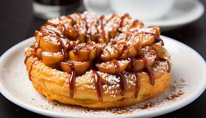 Freshly baked pancake with chocolate syrup and fruit toppings generated by AI