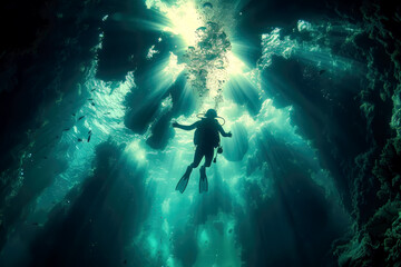 Scuba diver in the sea with the light shining down from above, generative ai