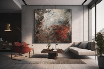 Nowoczesne wnętrze salonu prawdziwego domu, ogromny obraz, nowoczesne wnętrze z dużym obrazem akrylowym na ścianie Generative AI