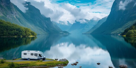 Amidst the serene glacial lake and towering mountains, a solitary rv sits perched on a rocky outcrop, its reflection mirroring the endless sky above - obrazy, fototapety, plakaty