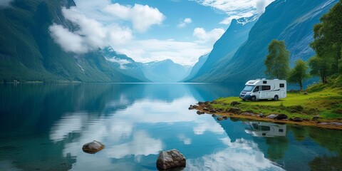 A solitary camper van rests peacefully amidst the stunning natural landscape of towering mountains, a tranquil glacial lake, and a cloudy sky reflecting upon the calm waters, creating a picturesque s
