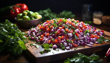 Fresh vegetable salad on wooden table, healthy and delicious meal generated by AI