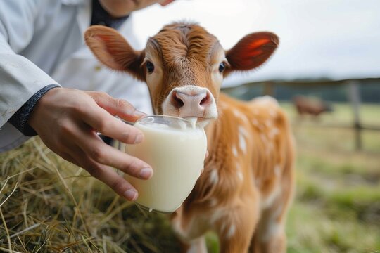 A content dairy cow enjoys a refreshing glass of milk amidst the lush green grass, as a farmer stands by in traditional clothing, surrounded by their beloved cattle and playful calves in the pictures