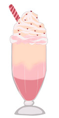 Hand drawn- Pink strawberry milkshake with whipped cream and fruit chips watercolor illustration isolated on white background. Cold summer drink in plastic cup, delicious dessert