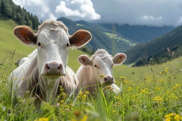 A picturesque scene of bovine bliss, with dairy cows grazing peacefully among the lush grass and wildflowers in a sprawling mountain meadow under a sky dotted with fluffy clouds