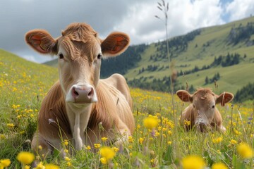 A serene dairy cow peacefully grazes in a colorful meadow, surrounded by vibrant flowers and a breathtaking mountain backdrop