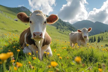 A herd of dairy cows graze peacefully in a colorful meadow, surrounded by towering mountains and under a sunny sky, creating a picturesque scene of nature's beauty and the simplicity of rural life