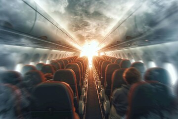 Amidst the dull hum of the plane's engine, a diverse group of individuals eagerly await their journey together, united by the shared experience of traveling through the sky - obrazy, fototapety, plakaty