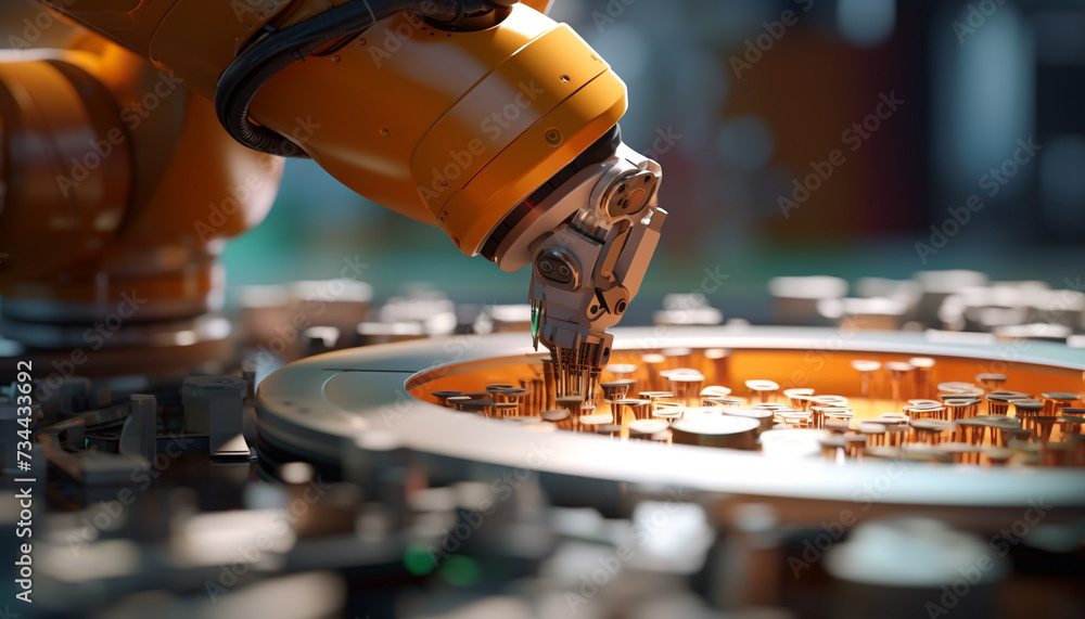 Poster automated machinery in a factory produces precise metal parts generated by ai
