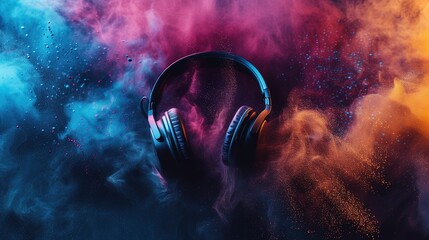 World music day banner with headset headphones on abstract colorful dust background. Music day event and musical instruments colorful design - obrazy, fototapety, plakaty