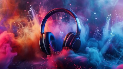 World music day banner with headset headphones on abstract colorful dust background. Music day event and musical instruments colorful design