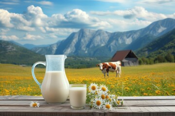 A tranquil scene unfolds as a lush field of vibrant flowers frames a quaint outdoor table, where a glass of milk and tea sit atop a pitcher and kettle, under the watchful gaze of the majestic mountai - Powered by Adobe