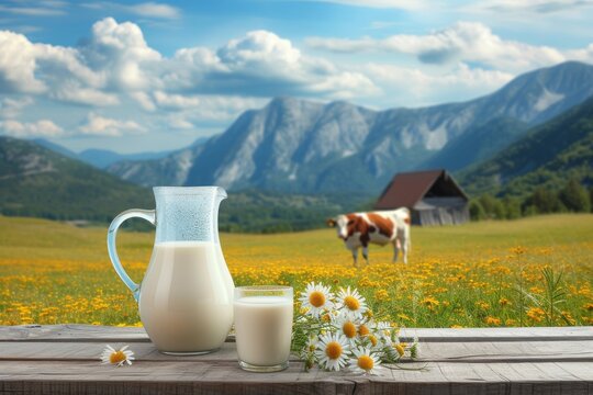 A tranquil scene unfolds as a lush field of vibrant flowers frames a quaint outdoor table, where a glass of milk and tea sit atop a pitcher and kettle, under the watchful gaze of the majestic mountai