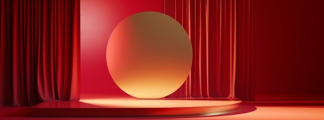 Red background podium light studio stage platform. Empty red podium product display spotlight abstract scene wall floor background pink shadow texture perspective showroom presentation - obrazy, fototapety, plakaty