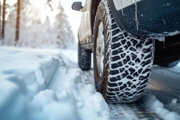 A frozen wheel struggles to gain traction in the snowy terrain, its synthetic rubber tread desperately clinging to the icy ground while chains dig deep into the winter landscape
