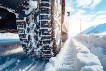 A lone tire braves the frigid winter landscape, its metalware adorned with chains as it traverses the snowy road under a bleak sky