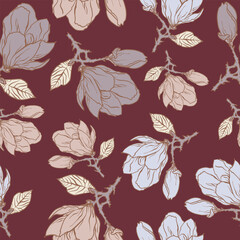 Fototapeta premium A decorative pattern of magnolia flowers and twigs is highlighted on the background. A pattern of leaves. Vector illustration. For nature, eco and design. Hand-drawn plants for fabric