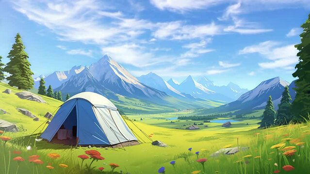 Animated illustration of a camping tent with a view of the mountains. 4k loop animation with anime cartoon or digital painting style. Background animation.