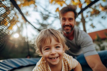 A joyful father and his young son, dressed in colorful clothing, beam with happiness as they pose in front of a tree on a sunny fall day, capturing the playful spirit of childhood at a playground