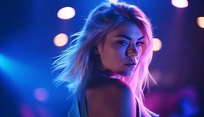 Young woman dancing in a nightclub, illuminated by stage lights generated by AI