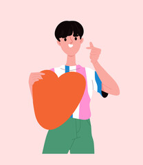 Kpop group fan concept. Man in white tshirt with heart. Supporter for musical korean group. Graphic element for website. Cartoon flat vector illustration isolated on pink background