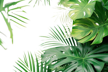 Green leaves of tropical plants bush (Monstera, palm, rubber plant, isolated on transparent and white background.PNG image	