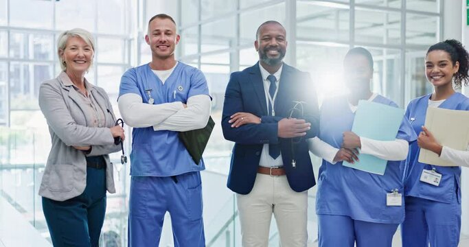 Medical, team and face of doctor with arms crossed for healthcare support, collaboration and wellness. Medicine, teamwork and portrait of people in hospital for medicare with confidence and diversity