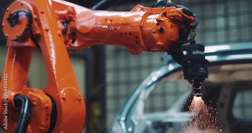 Poster modern machinery in the factory works with automated robotic arms generated by ai