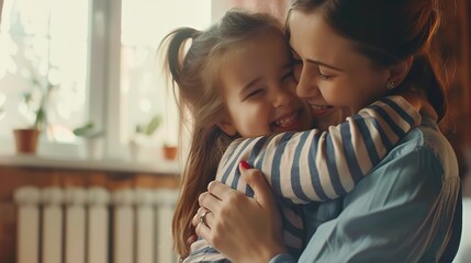 Cute little preschooler daughter hug cuddle with smiling young mother kiss show love and affection, small girl child embrace happy millennial mom or nanny, share close intimate moment together