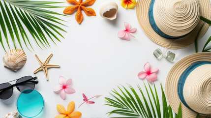Fototapeta na wymiar tropical hats and leaves summer Background 