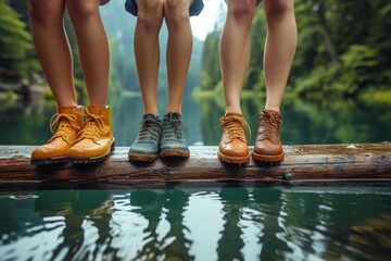 A group of people braving the unknown, standing on a tree trunk over a tranquil lake in the great outdoors, their feet adorned with various footwear, embracing the warmth of summer and the strength o